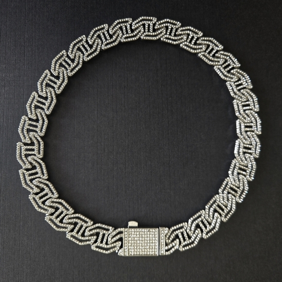 Elegant Iced Out Fully Rhinestone Figaro H-shape Silver Chain Necklace 18" - Picture 6 of 9